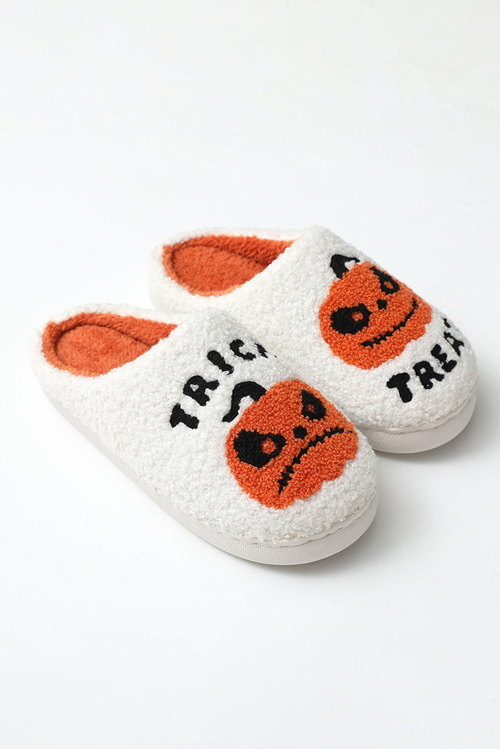 White Halloween Pumpkin Trick Or Treat Plush Slippers Slippers JT's Designer Fashion