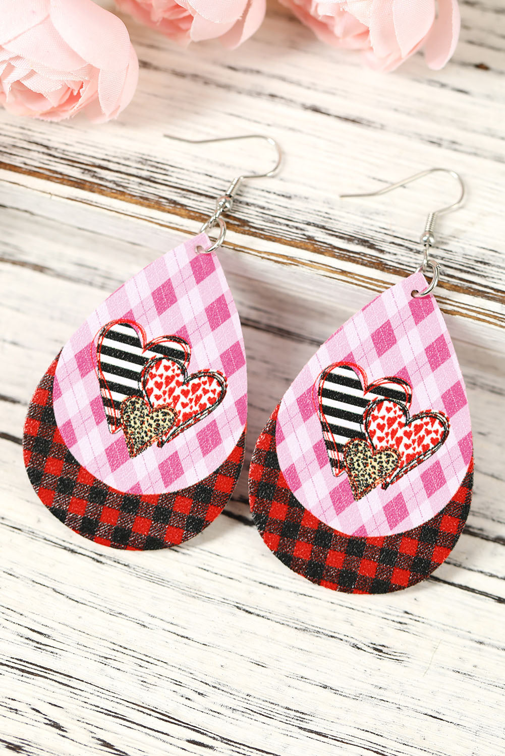 Pink Valentine's Day Heart & Plaid Print Layered Earrings Jewelry JT's Designer Fashion