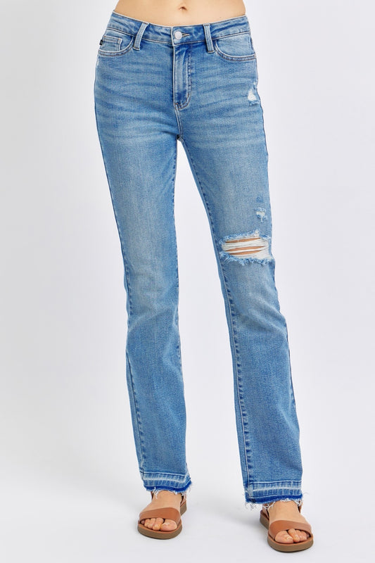 Judy Blue Full Size Mid Rise Destroyed Hem Distressed Jeans Medium Distressed Jeans JT's Designer Fashion