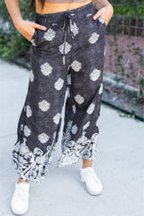 Black Bohemian Printed Drawstring Waist Wide Leg Pants Pants & Culotte JT's Designer Fashion