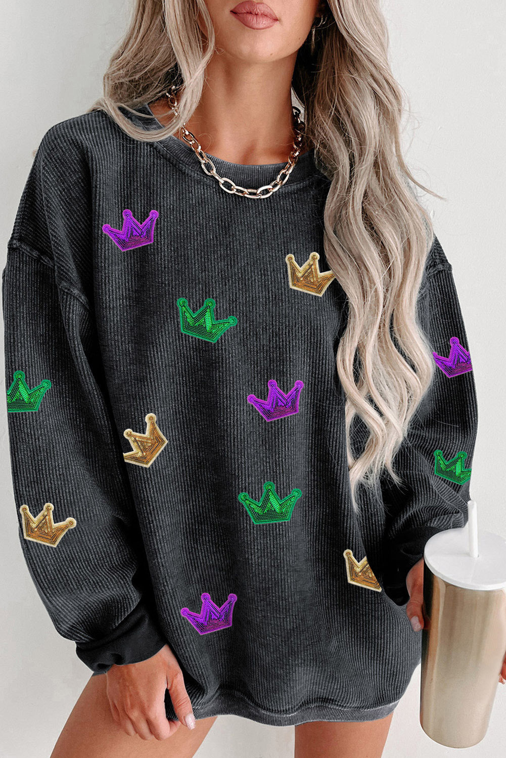 Black Mardi Gras Crown Sequin Patch Corded Baggy Sweatshirt Graphic Sweatshirts JT's Designer Fashion