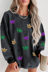 Black Mardi Gras Crown Sequin Patch Corded Baggy Sweatshirt Graphic Sweatshirts JT's Designer Fashion