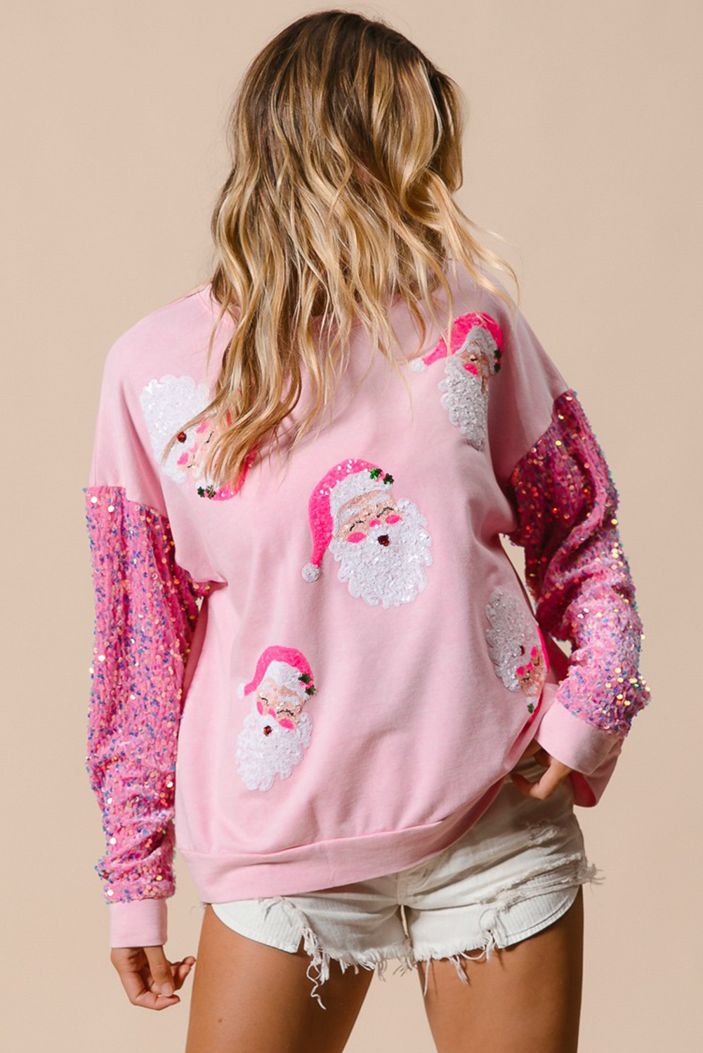 Pink Sequined Santa Claus Long Sleeve Christmas Sweatshirt Sweatshirts & Hoodies JT's Designer Fashion