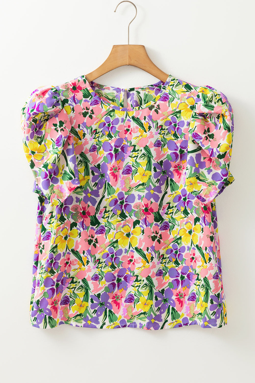 Purple Floral Print Puff Short Sleeve Crew Neck Blouse Blouses & Shirts JT's Designer Fashion