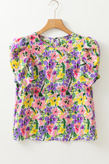 Purple Floral Print Puff Short Sleeve Crew Neck Blouse Blouses & Shirts JT's Designer Fashion
