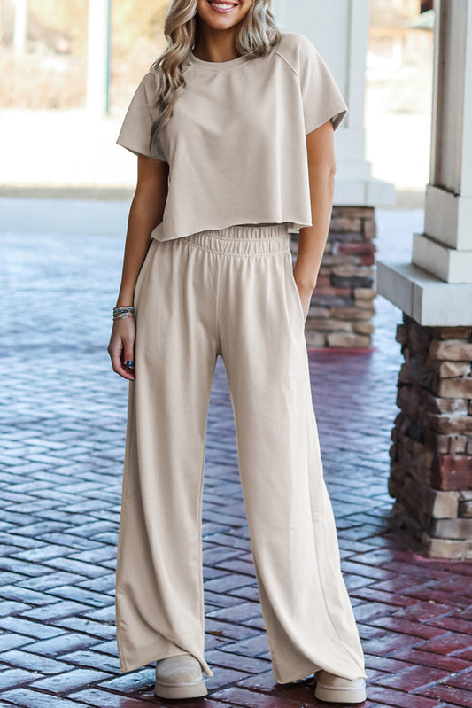 White Raw Hem Loose Tee and Wide Leg Pants Set Bottoms JT's Designer Fashion