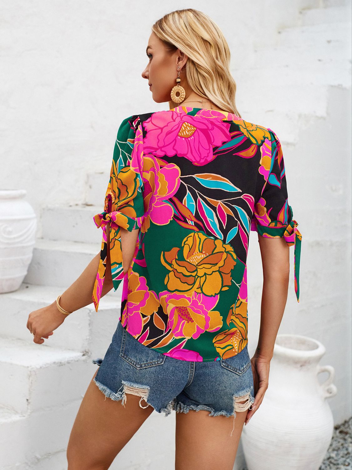 Tied Printed Notched Short Sleeve Blouse Blouses & Shirts JT's Designer Fashion