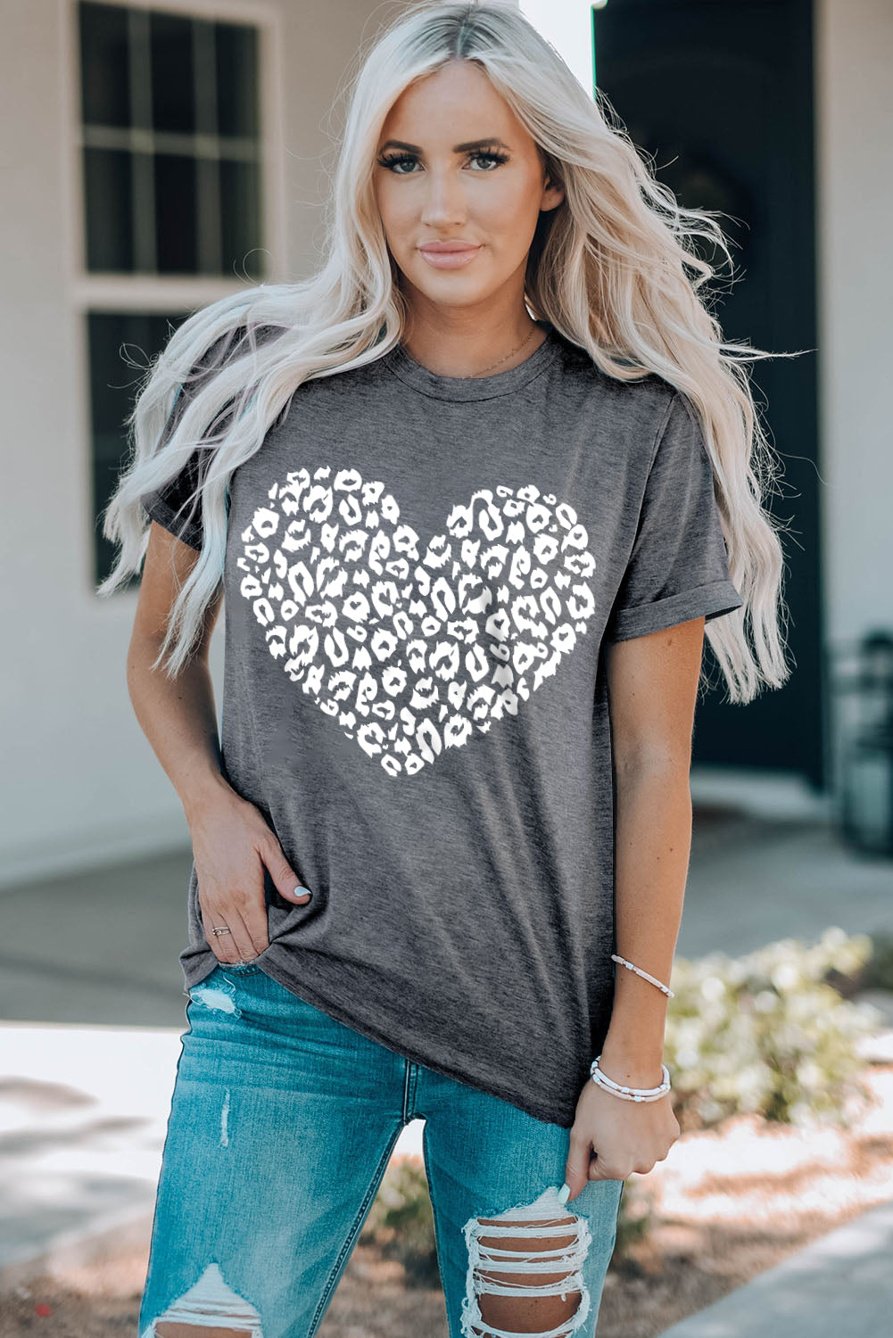 Gray Leopard Kiss Print Valentines Heart Graphic Tee Graphic Tees JT's Designer Fashion