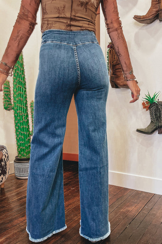 Sail Blue High Waist Button Fly Seamed Raw Hem Flare Jeans Jeans JT's Designer Fashion