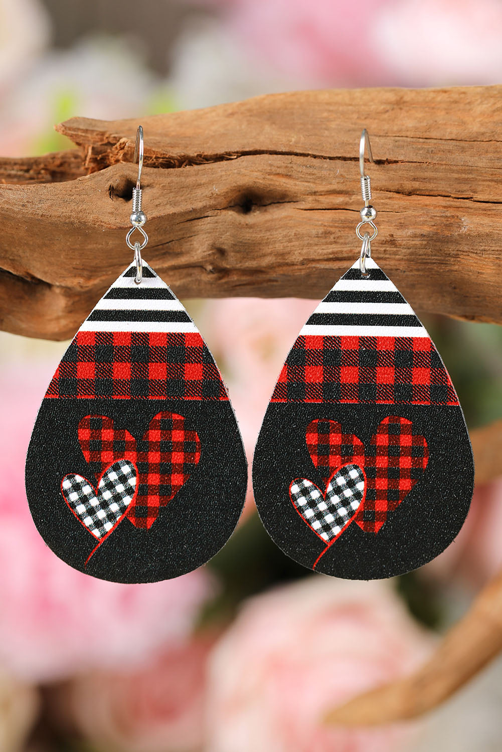 Black Valentine's Day Buffalo Plaid Heart Teardrop Glitter Earrings Jewelry JT's Designer Fashion