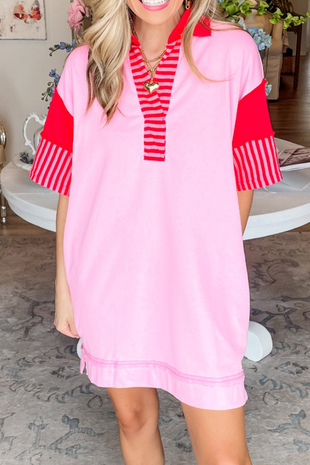 Pink Stripe Colorblock Short Sleeve Collared Mini Dress Dresses JT's Designer Fashion