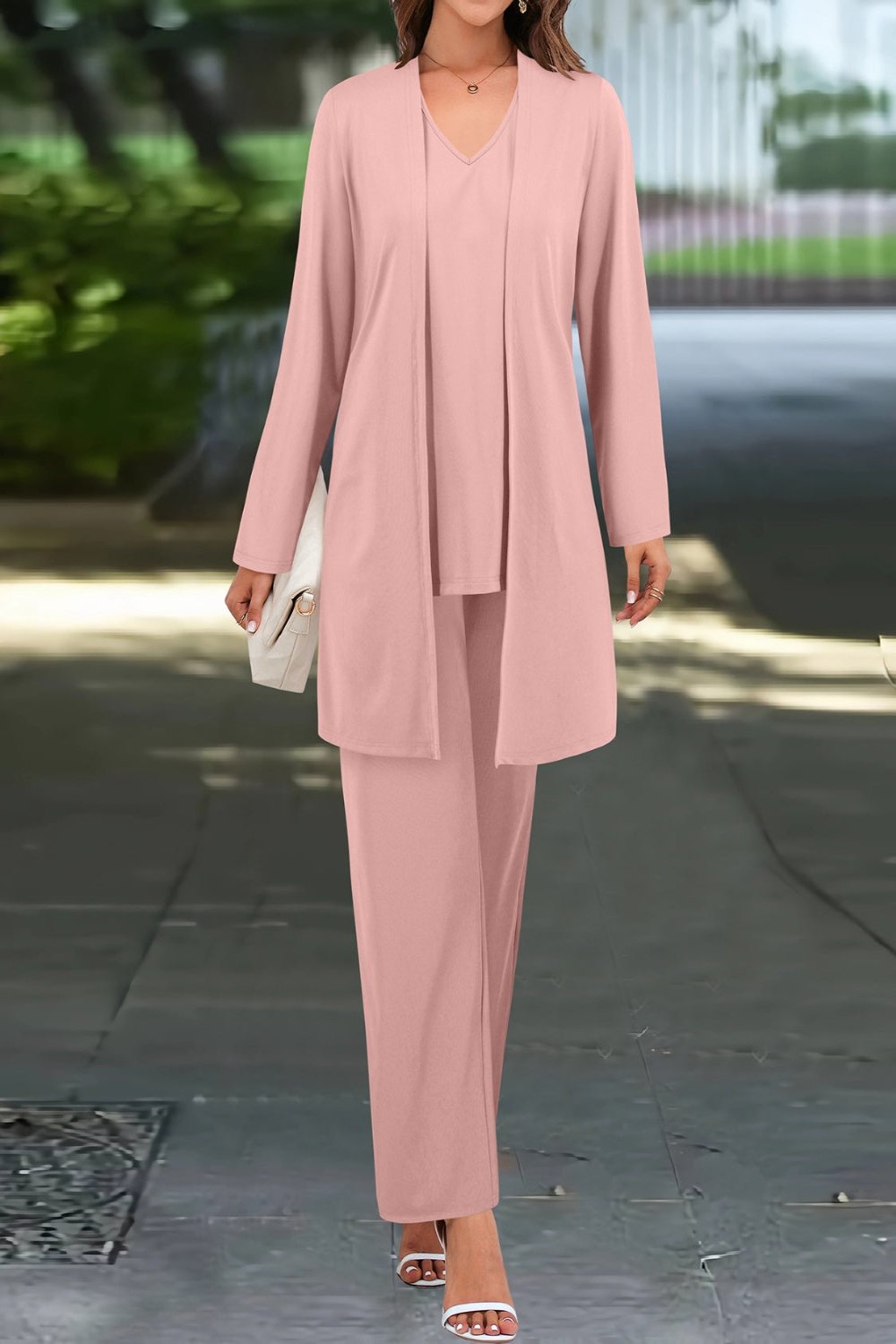 V-Neck Tank, Long Sleeve Cover-Up and Pants Three Piece Set Dusty Pink Pant Sets JT's Designer Fashion