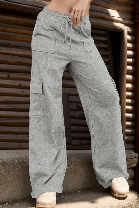 Drawstring Active Pants with Pockets Gray Pants & Culotte JT's Designer Fashion