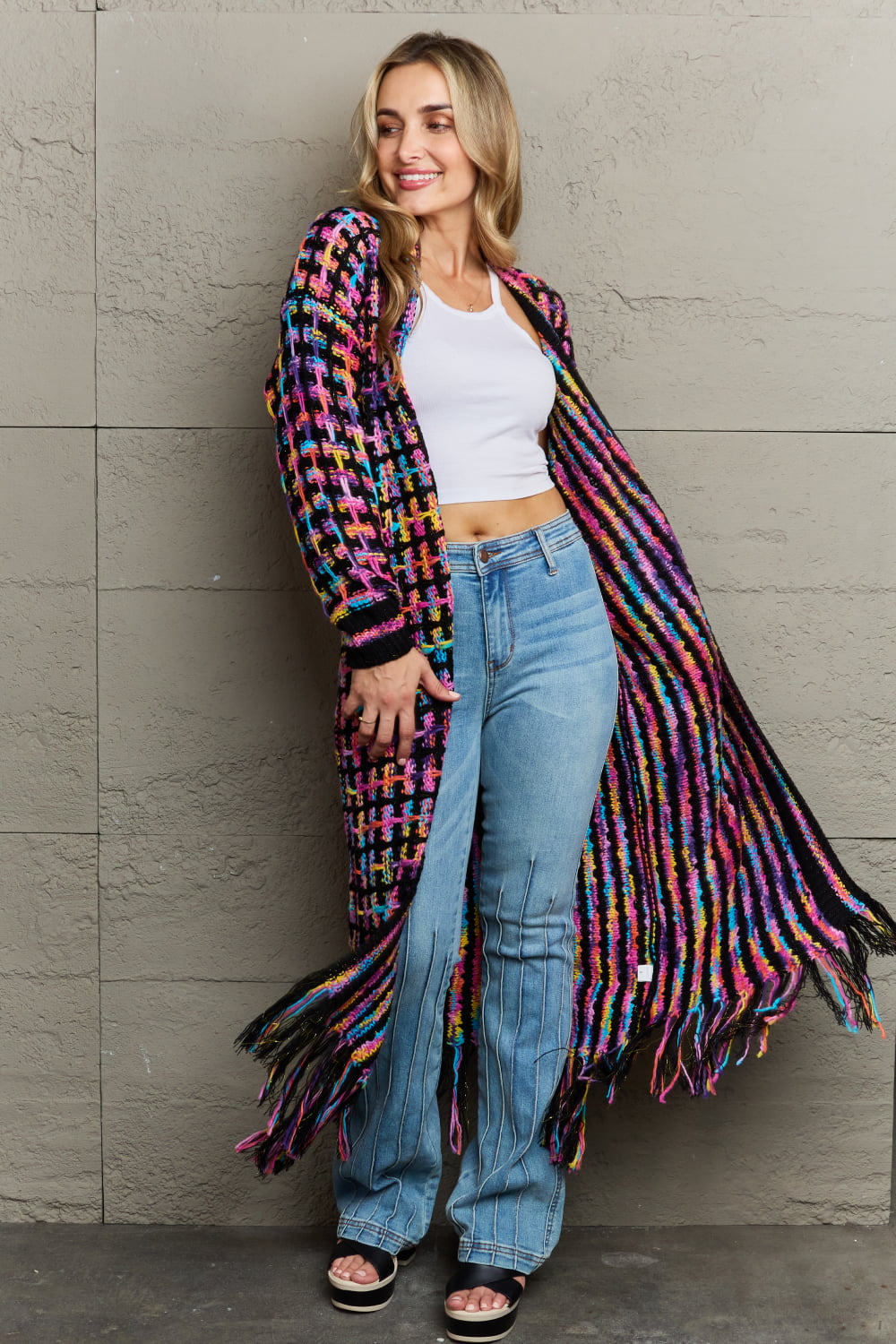 Multicolored Open Front Fringe Hem Cardigan Multi 3XL Sweaters & Cardigans JT's Designer Fashion