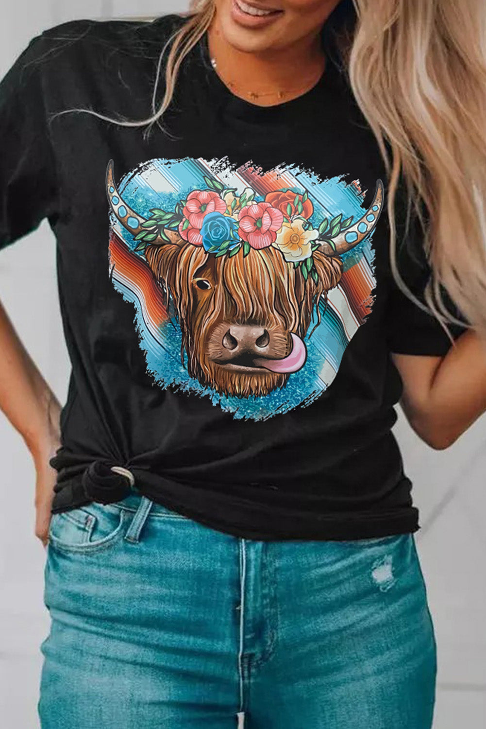 Black Serape Floral Steer Head Graphic Western T-shirt Graphic Tees JT's Designer Fashion