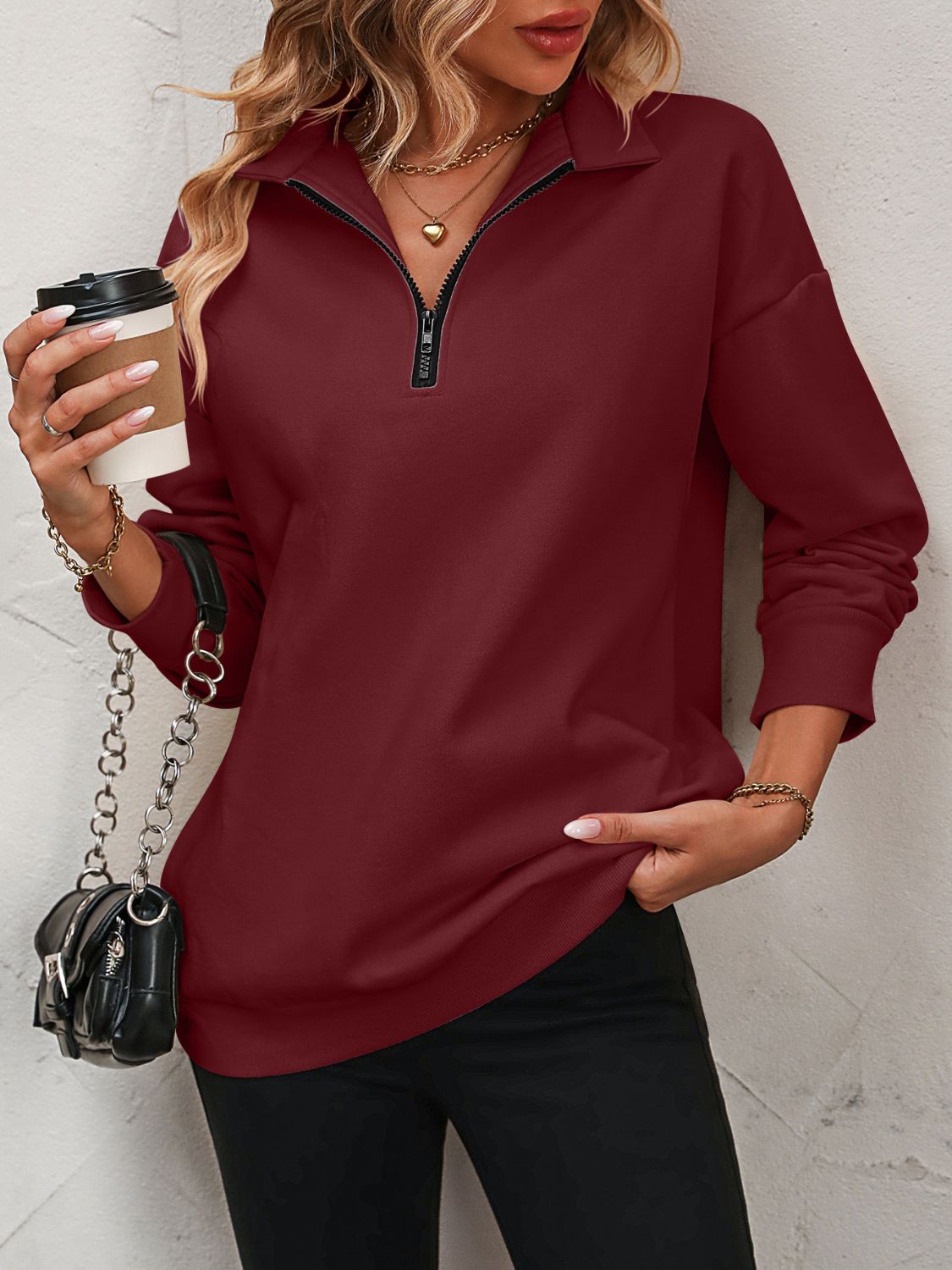 Mandy Zip-Up Dropped Shoulder Sweatshirt Burgundy Long Sleeve Tops JT's Designer Fashion