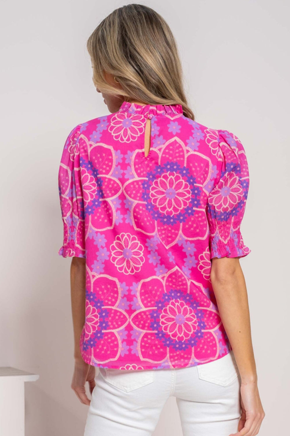 Rose Floral Print Frilled Neck Smocked Puff Sleeve Blouse Blouses & Shirts JT's Designer Fashion