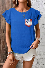Dark Blue Textured Sequin Stars and Stripes Patched Ruffled Short Sleeve Blouse Blouses & Shirts JT's Designer Fashion