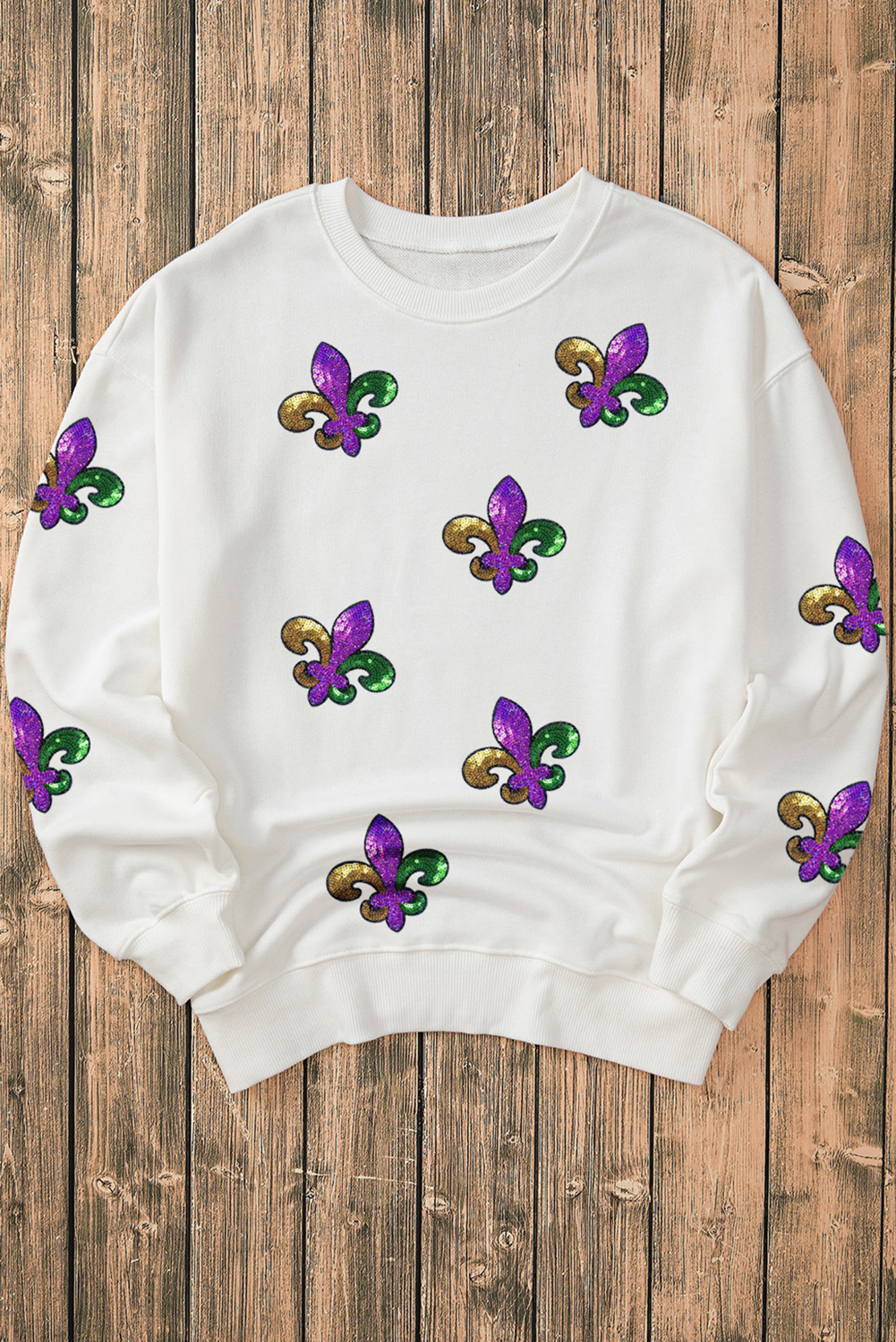 White Fleur De Lis Sequin Patched Graphic Drop Shoulder Sweatshirt Graphic Sweatshirts JT's Designer Fashion