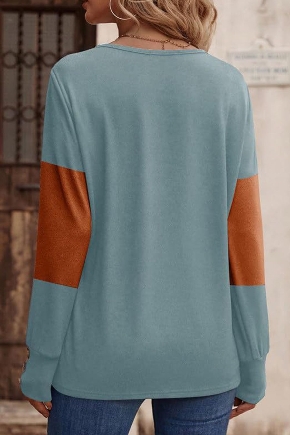 Decorative Button Contrast V-Neck Long Sleeve T-Shirt Long Sleeve Tops JT's Designer Fashion