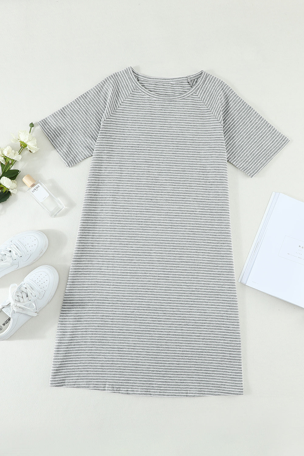 Gray Raglan Sleeve Striped Cotton-blend T-shirt Mini Dress T Shirt Dresses JT's Designer Fashion