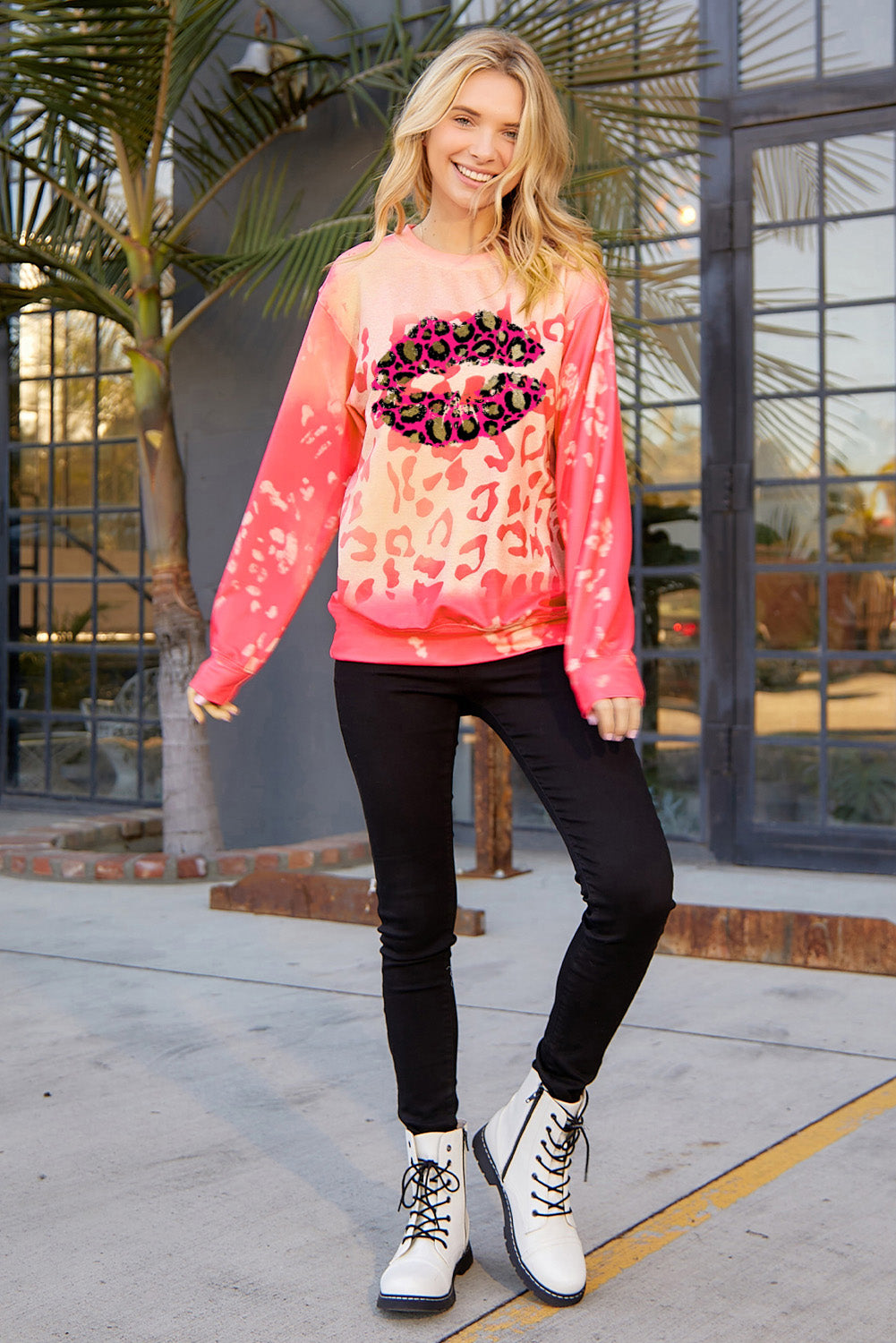 Pink Shining Leopard Lips Print Vintage Bleached Sweatshirt Graphic Sweatshirts JT's Designer Fashion