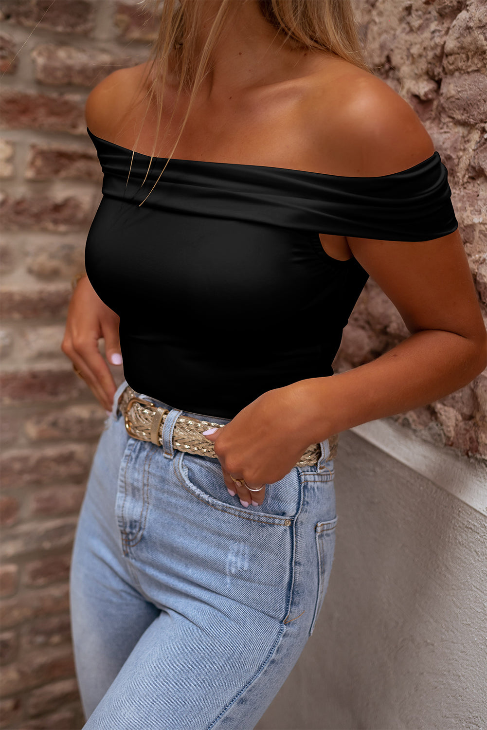 Black Folded Off Shoulder Slim Top Tops & Tees JT's Designer Fashion