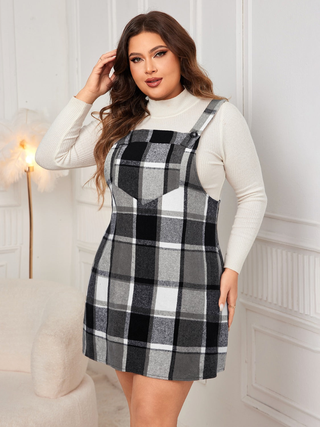 Plus Size Plaid Wide Strap Overall Dress Mini Dresses JT's Designer Fashion