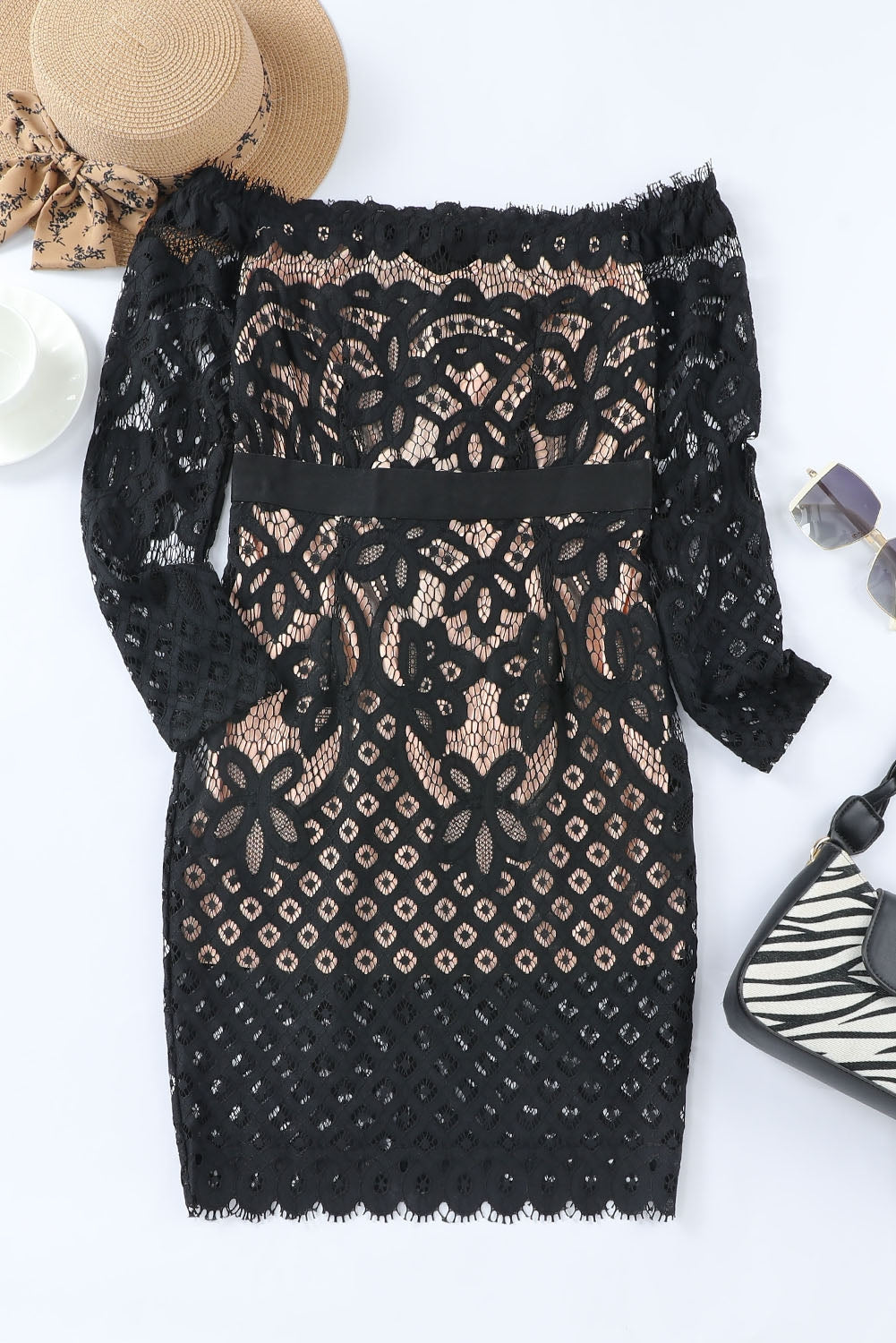Off-Shoulder Long Sleeve Lace Dress Mini Dresses JT's Designer Fashion