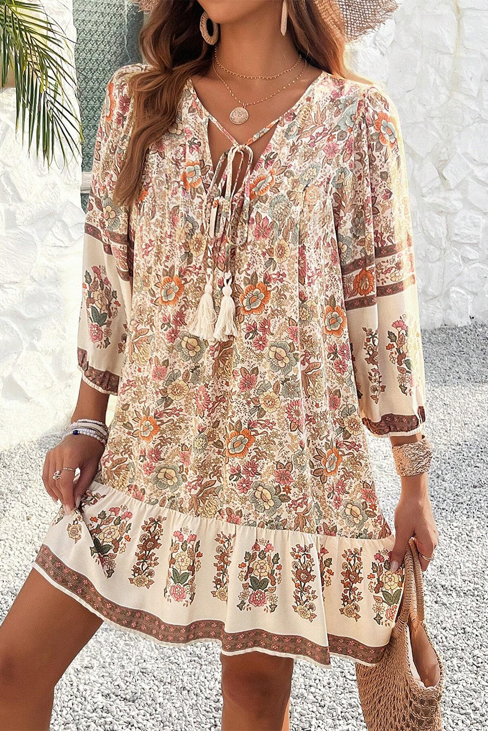 Apricot Floral Print Tassel Drawstring V Neck Loose Mini Dress Floral Dresses JT's Designer Fashion