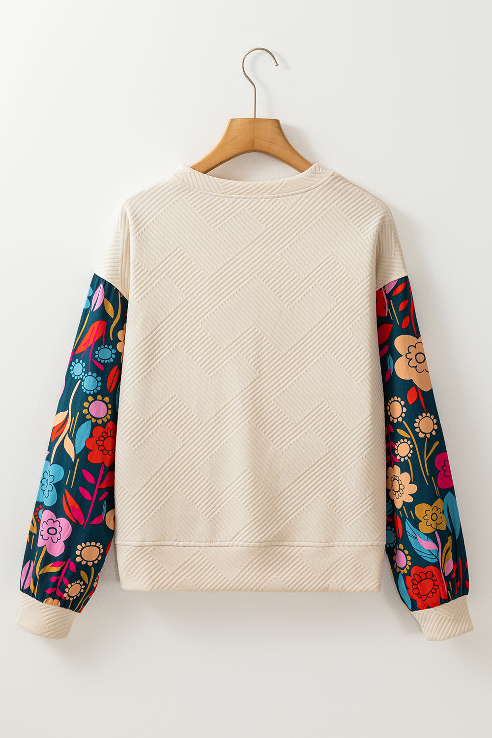 White Contrast Floral Sleeve Textured Drop Shoulder Knit Top Long Sleeve Tops JT's Designer Fashion