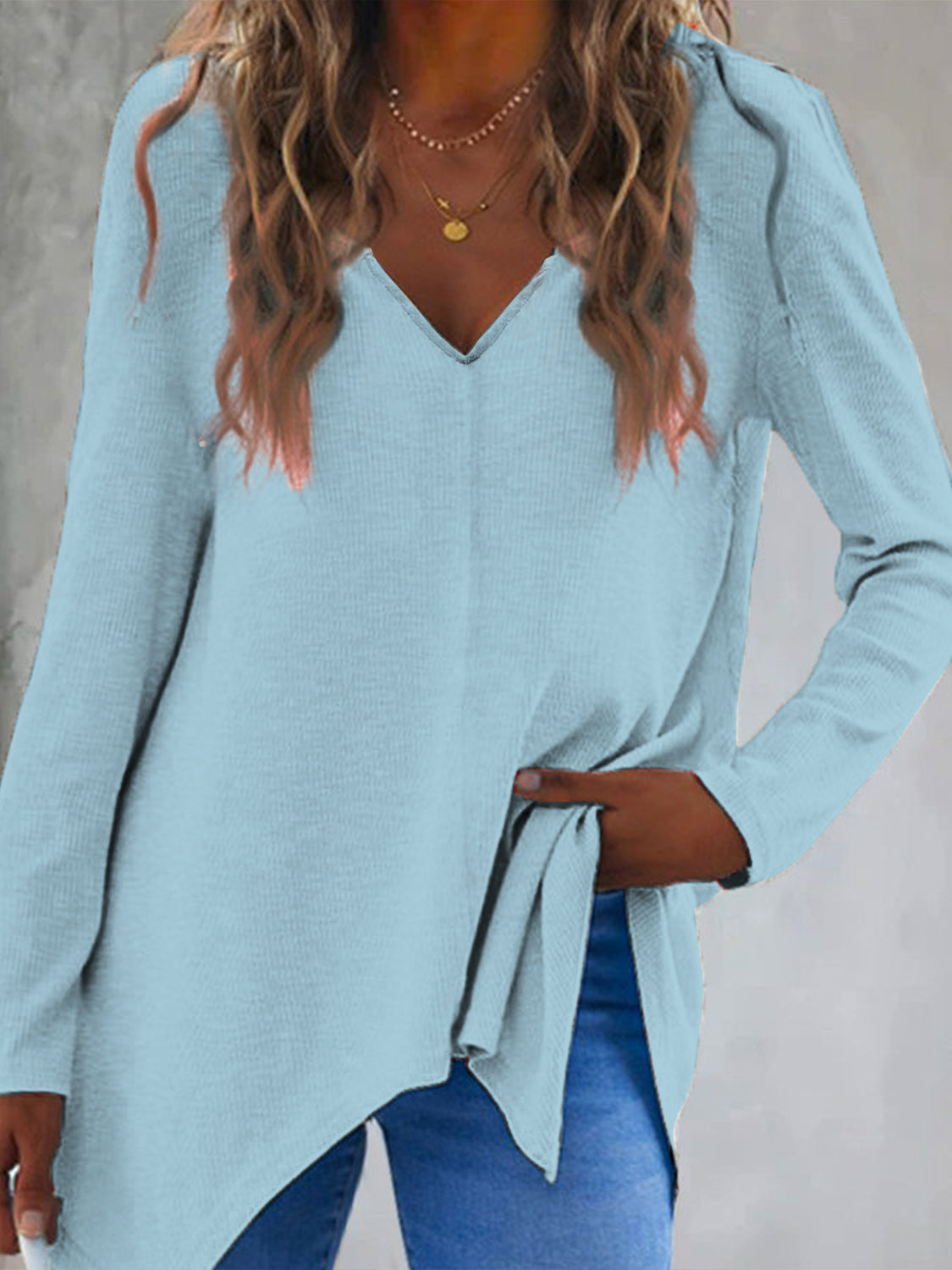 Full Size V-Neck Long Sleeve T-Shirt Pastel Blue Long Sleeve Tops JT's Designer Fashion