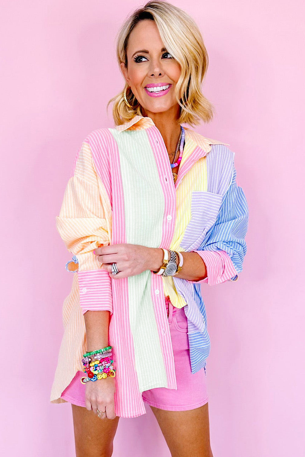 Pink Stripe Color Block Chest Pocket Oversized Shirt Blouses & Shirts JT's Designer Fashion