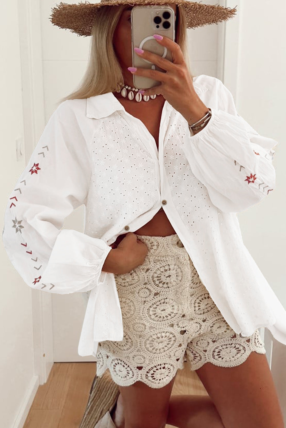 White Floral Embroidered Puff Sleeve Eyelet Patchwork Shirt Blouses & Shirts JT's Designer Fashion