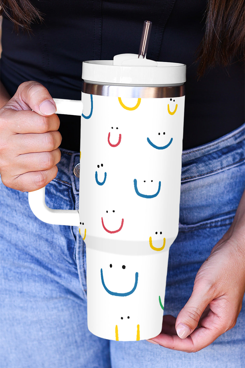 White Smiling Face Print Handle Vacuum Cup 1200ml Tumblers JT's Designer Fashion