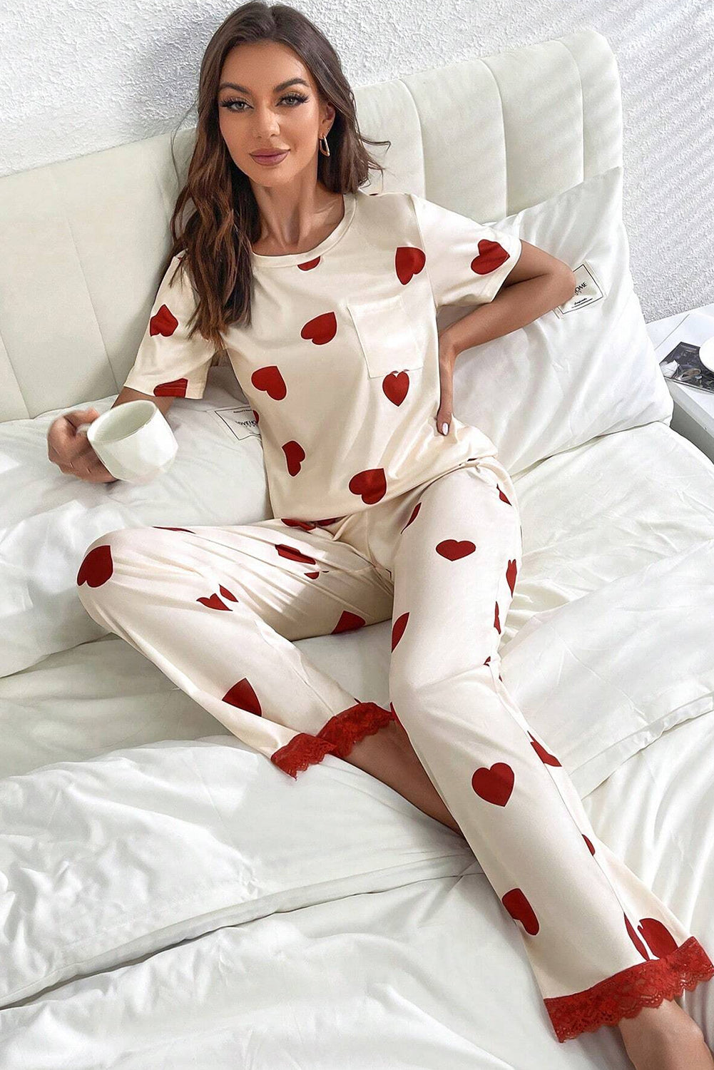 White Heart Print Lace Hem Pajama Set Loungewear JT's Designer Fashion