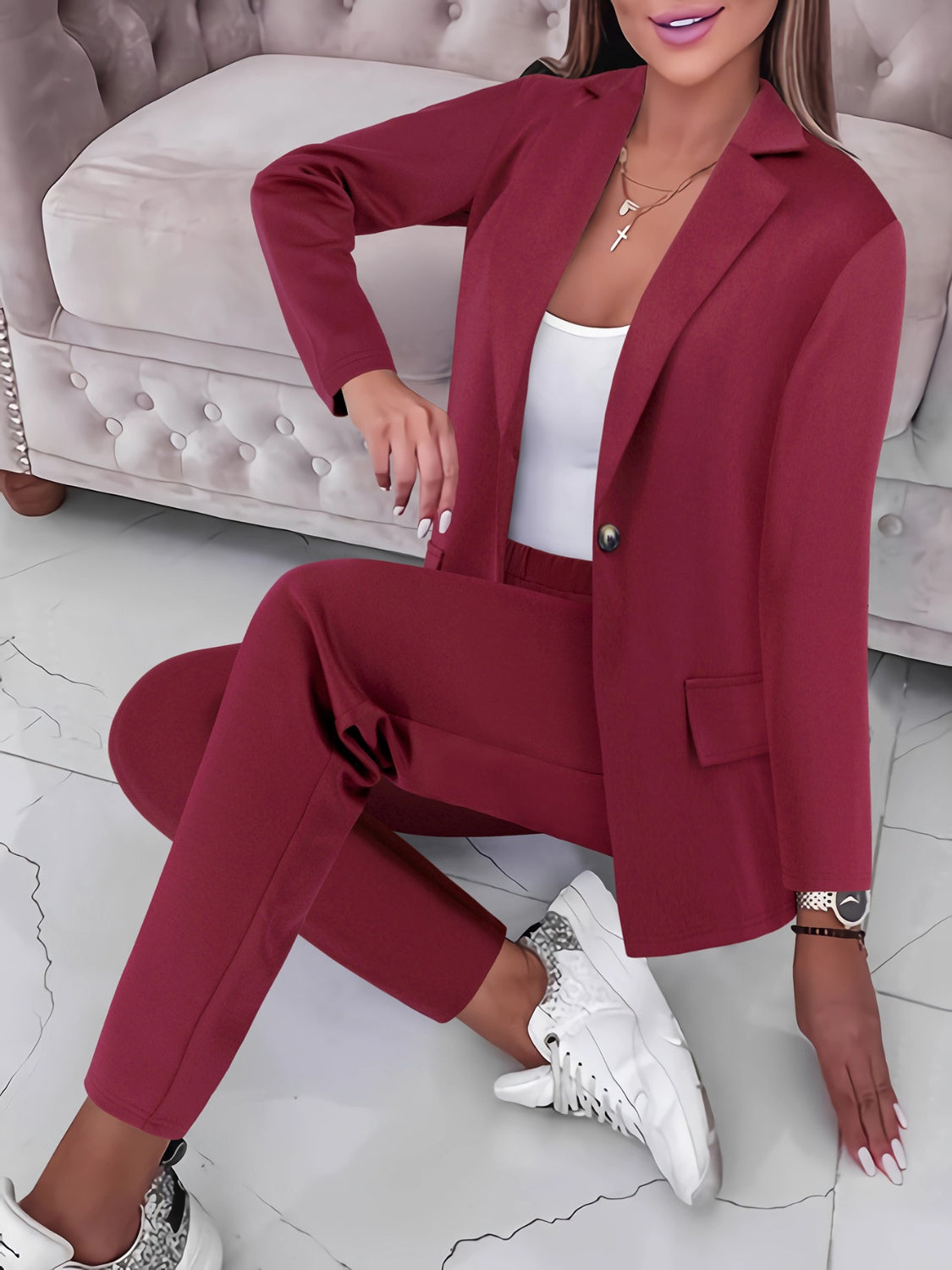 Lapel Collar Long Sleeve Top and Pants Set Burgundy Pants Sets JT's Designer Fashion