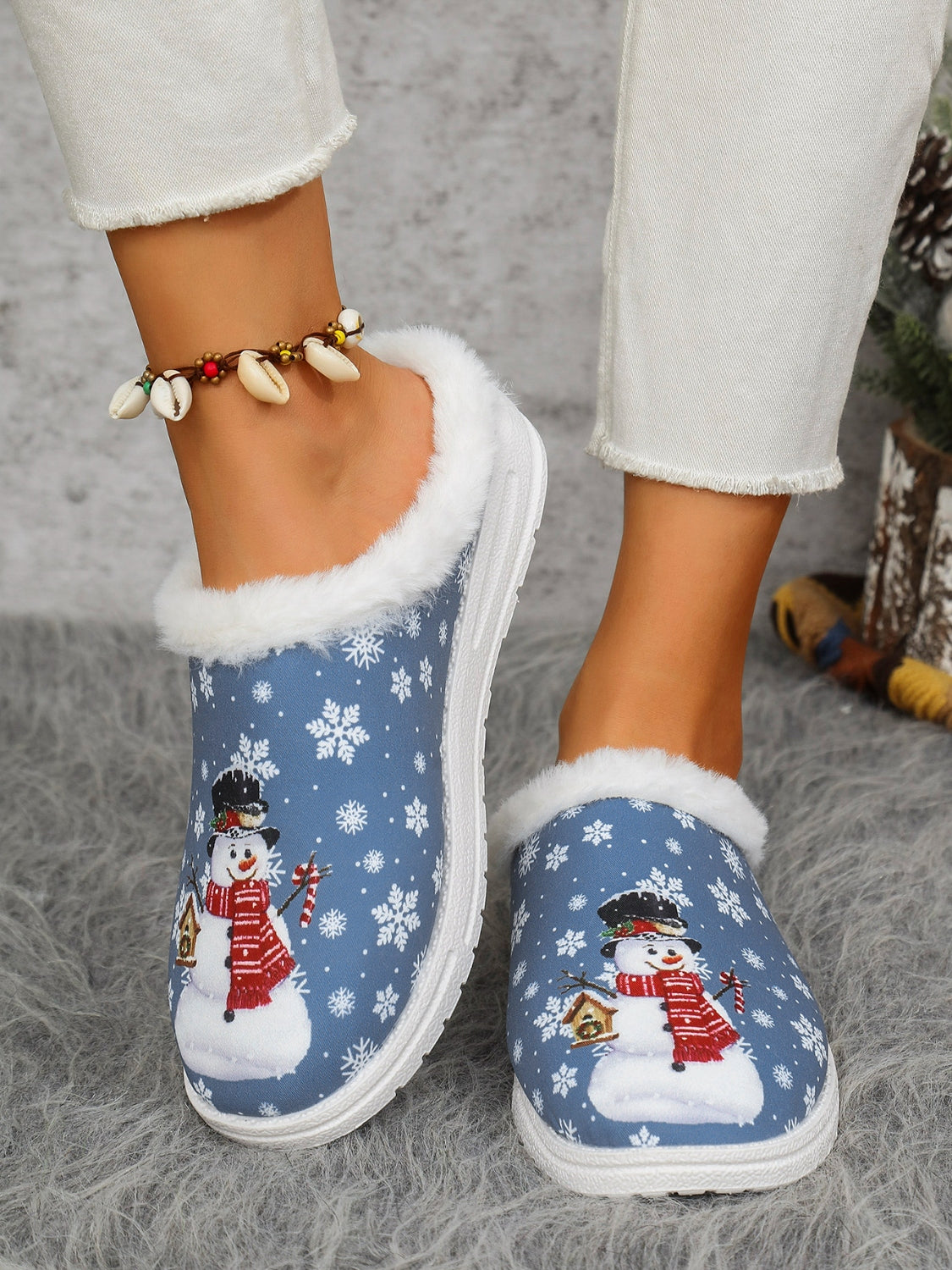 Snowman Print Flat Slippers with Faux Fur Blue Slippers JT's Designer Fashion