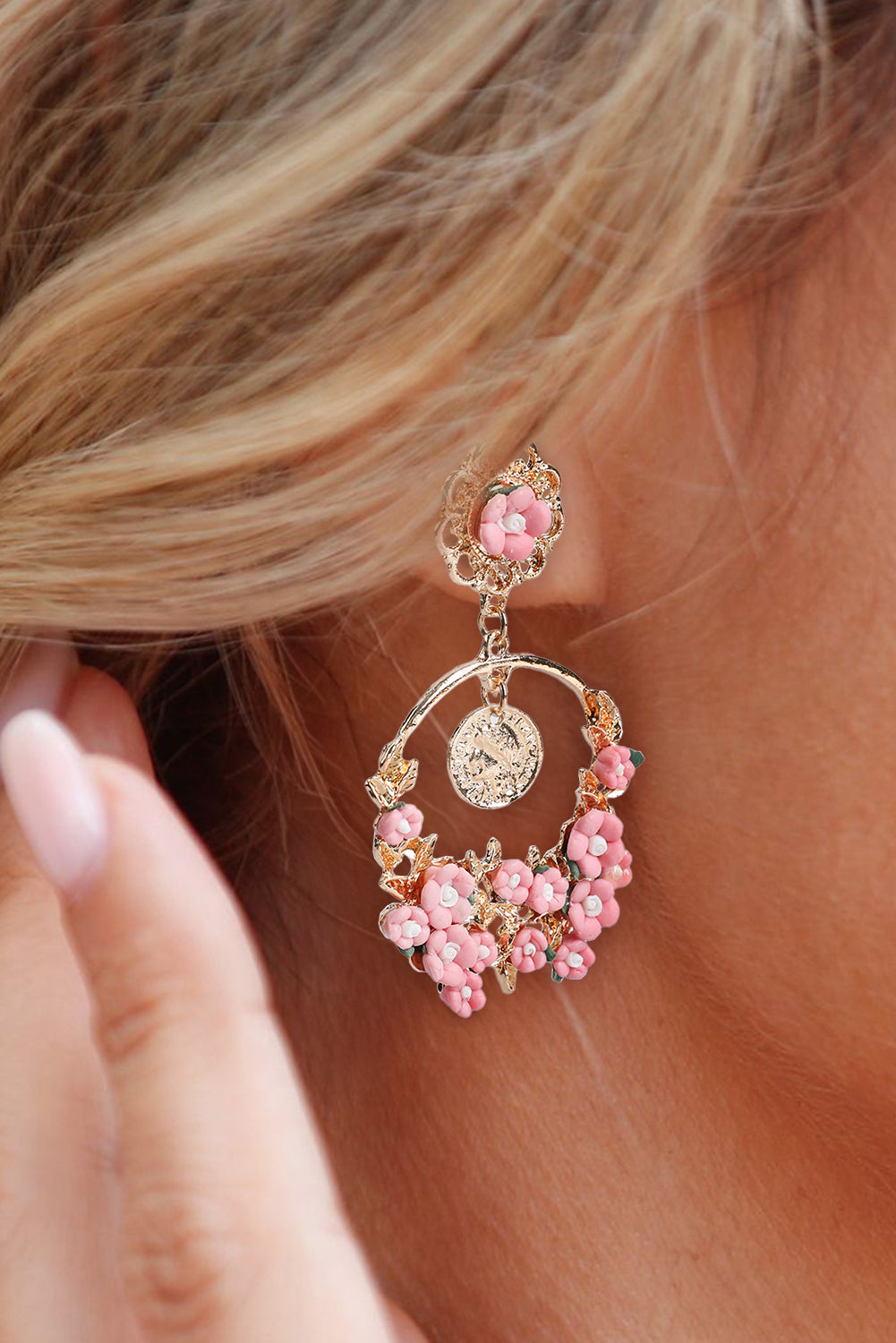 Pink Flower Decor Cut Out Stud Dangle Earrings Jewelry JT's Designer Fashion