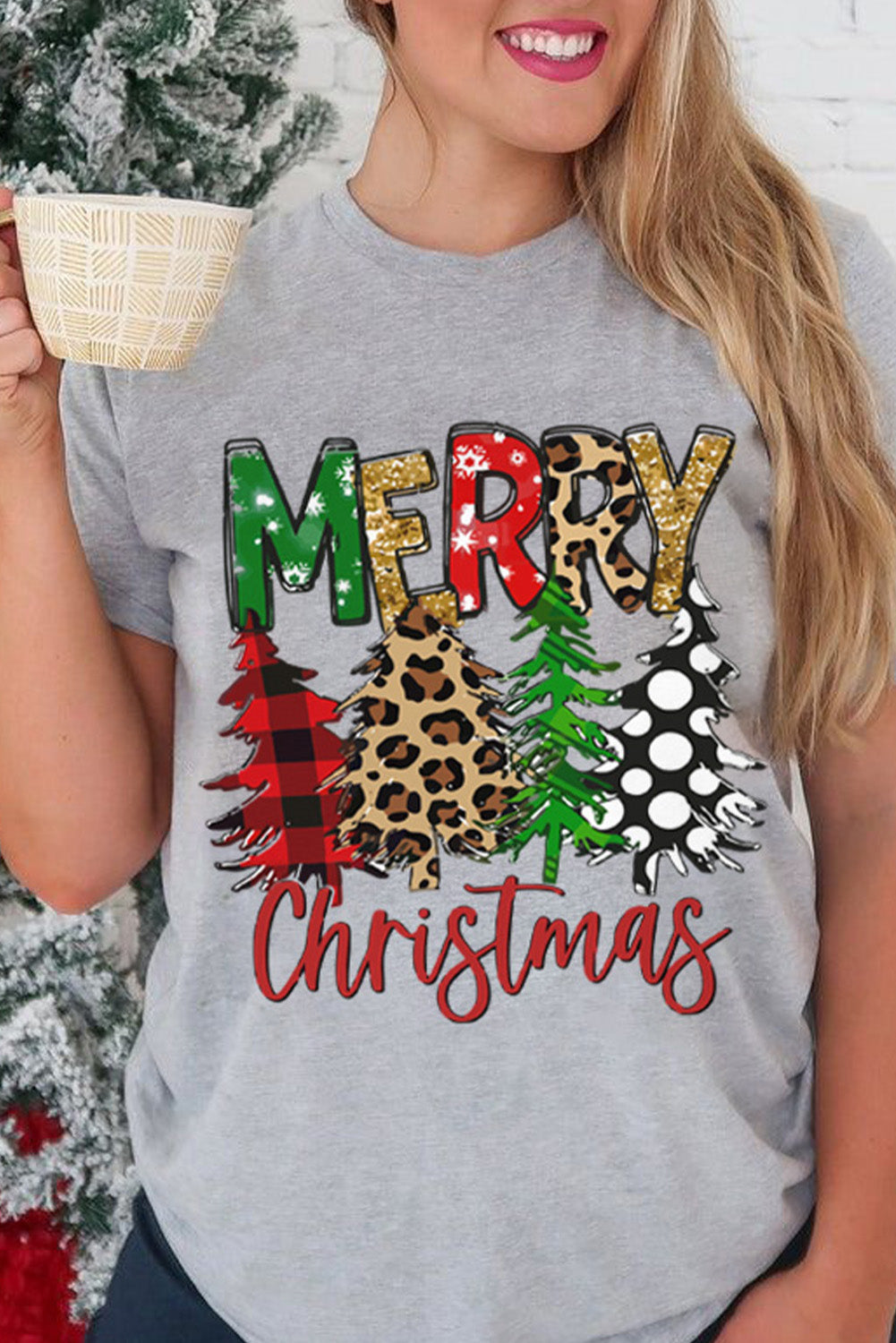 Gray Merry Christmas Tree Pattern Print Crew Neck Graphic Tee Graphic Tees JT's Designer Fashion