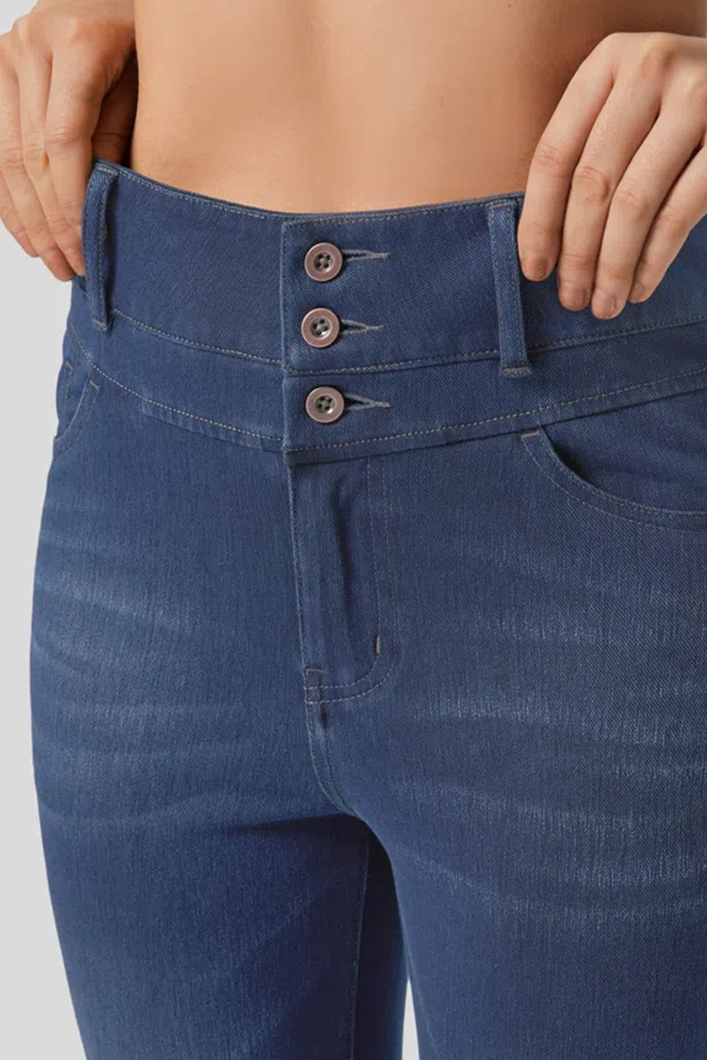 Navy Blue Button Fly High Waist Skinny Fit Jeans Bottoms JT's Designer Fashion