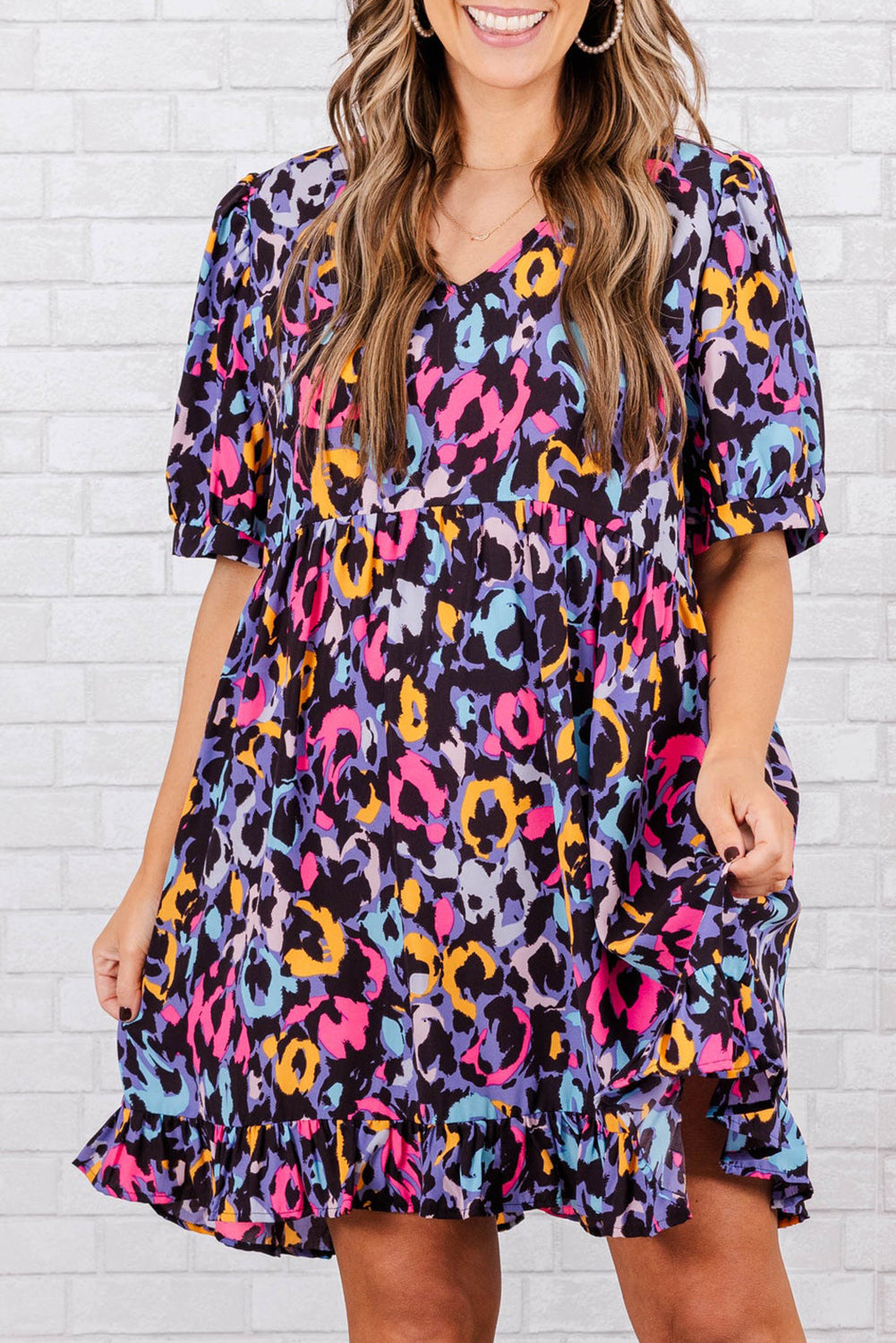 Purple Leopard Print Ruffled V Neck Plus Size Mini Dress Pre Order Plus Size JT's Designer Fashion