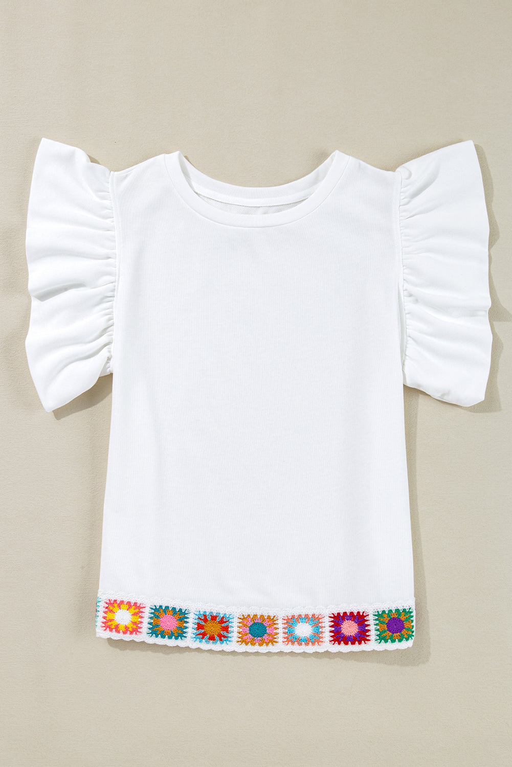White Floral Crochet Patched Ruffled Sleeve Crewneck Blouse Blouses & Shirts JT's Designer Fashion