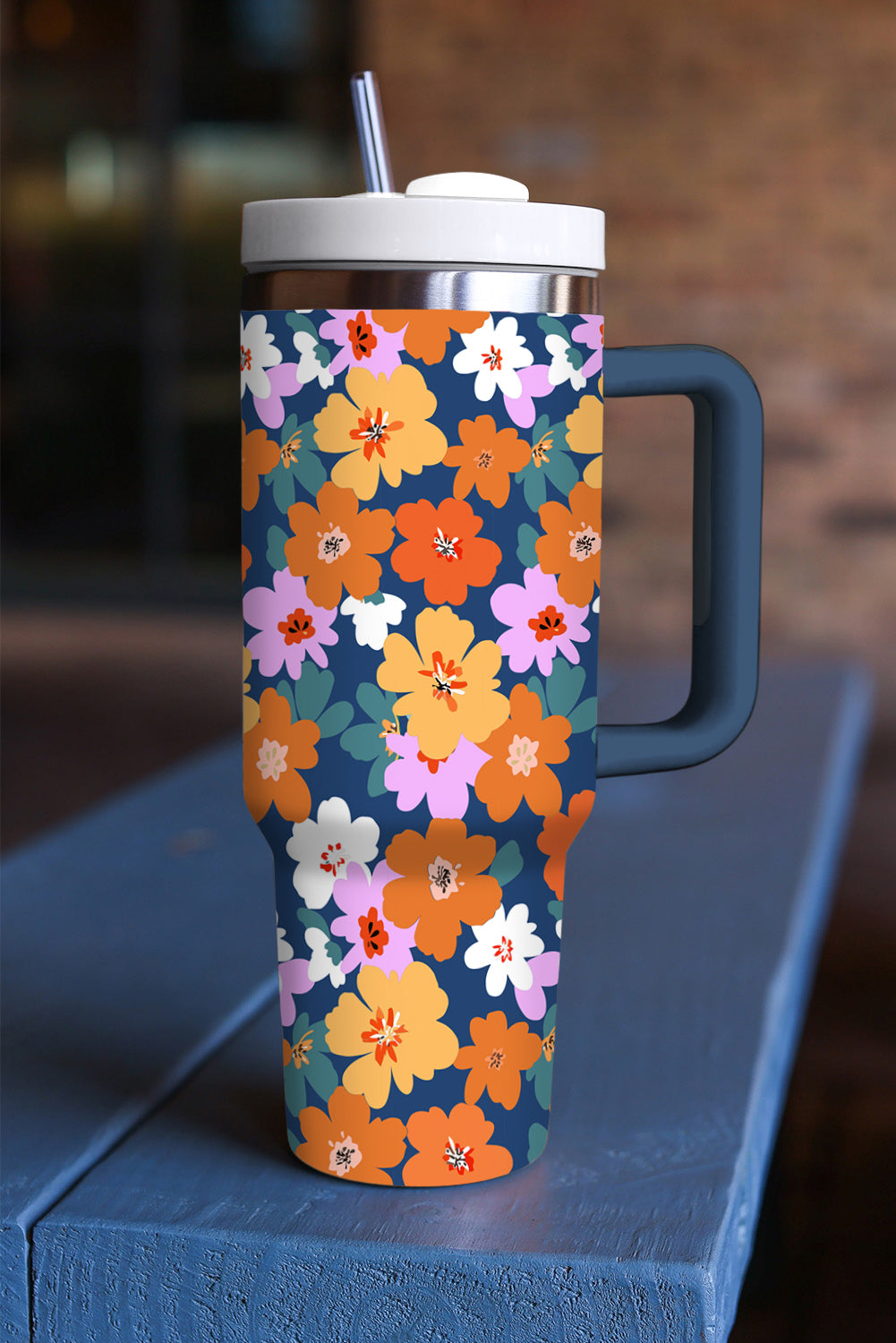 Ashleigh Blue Flower Print Handle Large Thermal Tumbler 40oz Tumblers JT's Designer Fashion