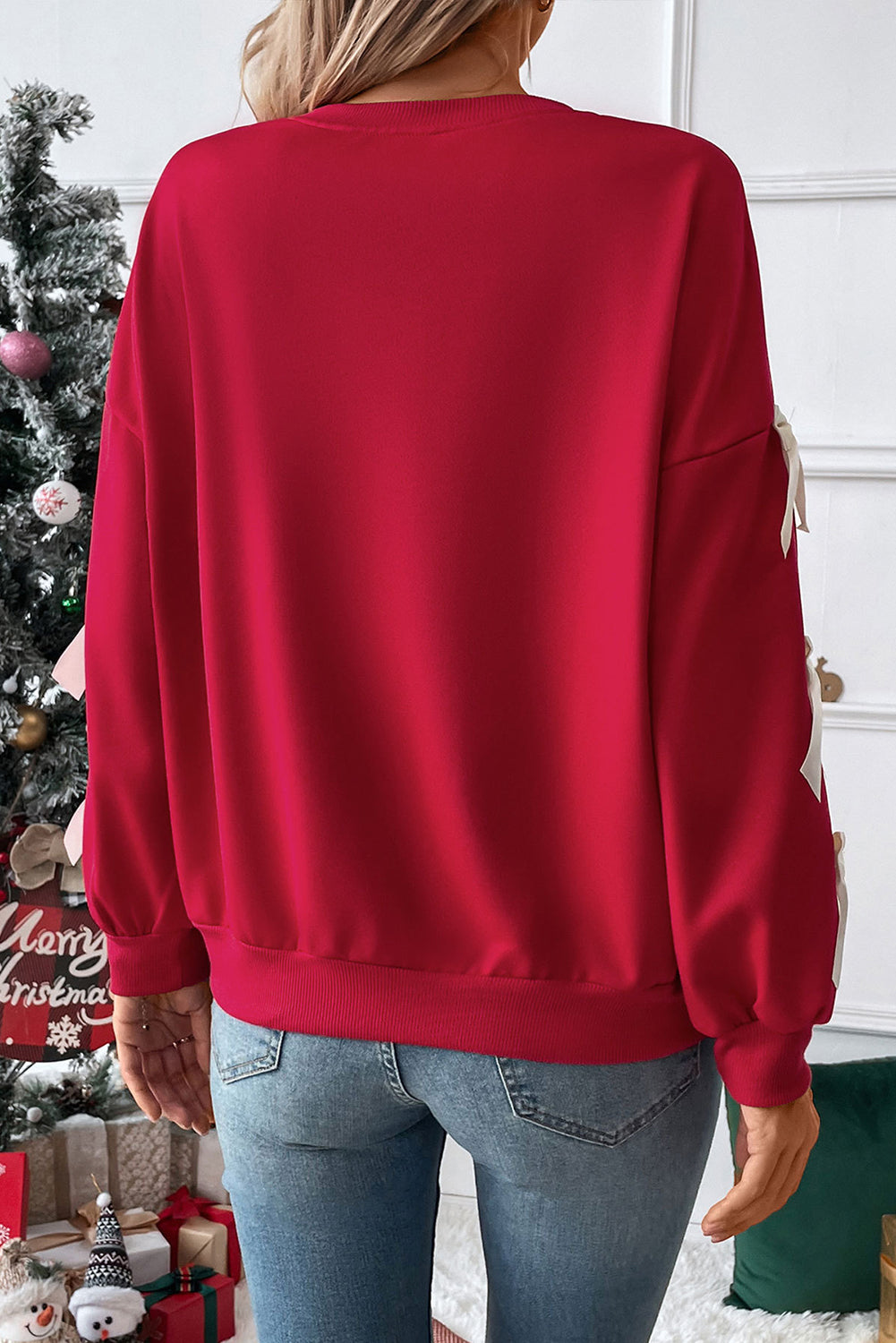 Fiery Red Contrast Bow Decor Dropped Sleeve Crewneck Sweatshirt Sweatshirts & Hoodies JT's Designer Fashion