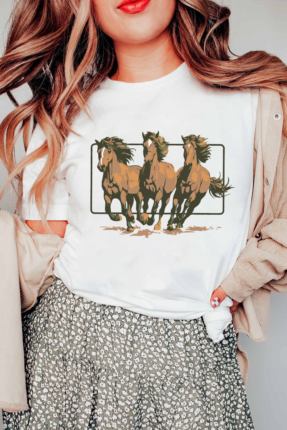 White Texas Horse Graphic Cuffed Sleeve Graphic T Shirt Graphic Tees JT's Designer Fashion