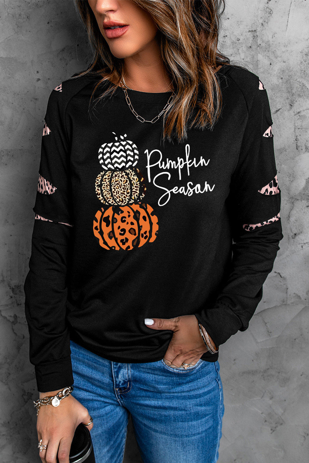 Black Pumpkin Season Graphic Leopard Cutout Sleeve Sweatshirt Graphic Sweatshirts JT's Designer Fashion
