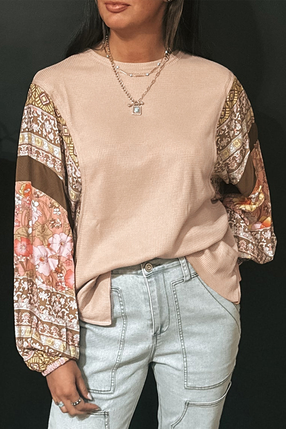 Parchment Contrast Floral Patchwork Puff Sleeve Waffle Knit Top Long Sleeve Tops JT's Designer Fashion