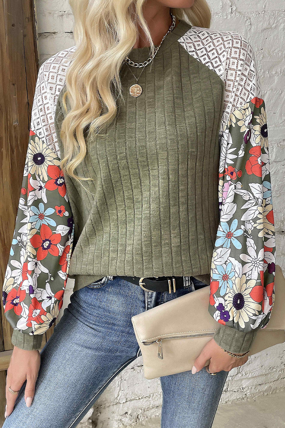 Laurel Green Floral Patchwork Long Sleeve Ribbed Blouse Blouses & Shirts JT's Designer Fashion