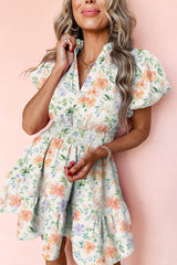 Beige Floral Print Shirred High Waist Puff Sleeve Mini Dress Floral Dresses JT's Designer Fashion
